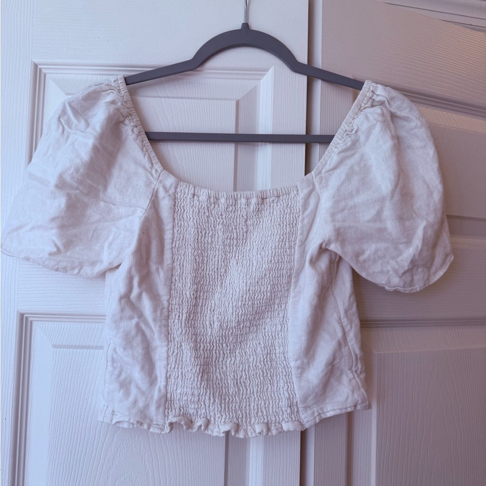 Abercrombie and fitch white cropped puff sleeve top linen blend - Picture 3 of 4